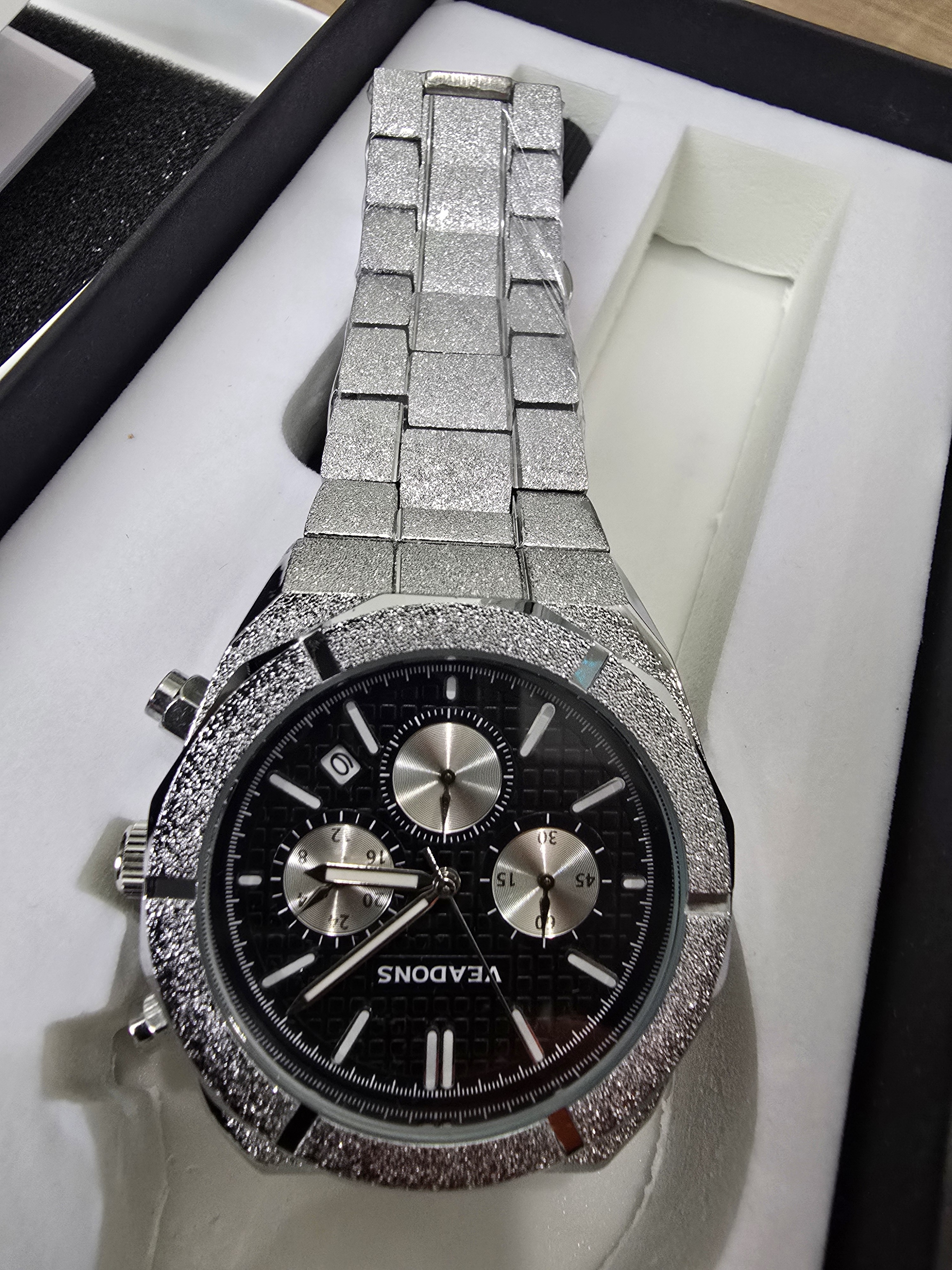 Mens Silver Chronograph Bracelet Watch Black Dial